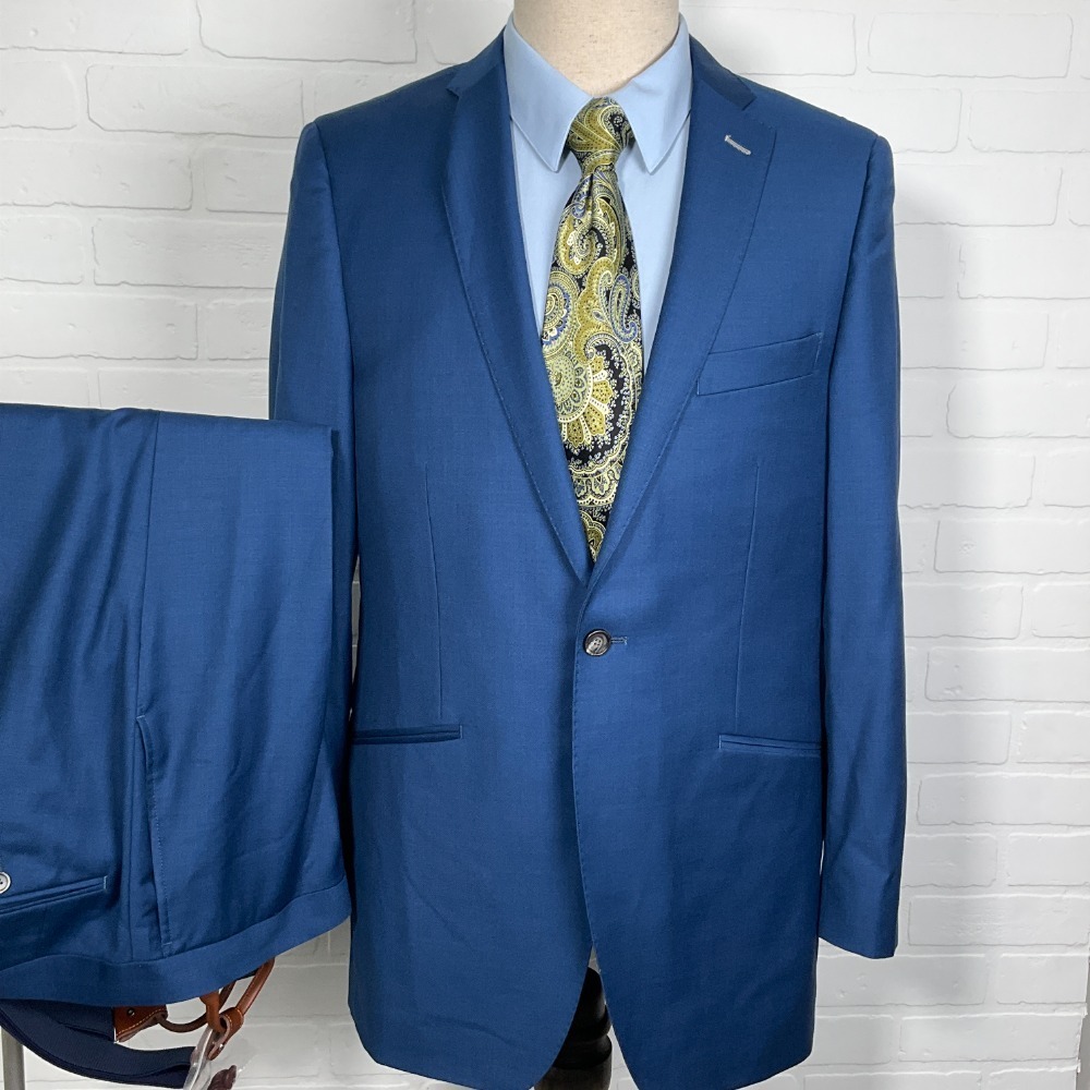 Indochino Suit Men 39 36W 28L Bright Blue Newberry‎ Suspenders Tropical Wool 2pc